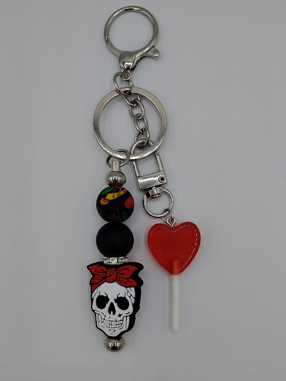 Handcrafted Skull Bow Keychain & Bag Charm with Red Heart Lollipop